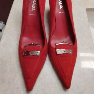 Size 7.5 Red Suede Prada Kitten Heel Pumps NEVER Worn, Pointy Toe with Buckle